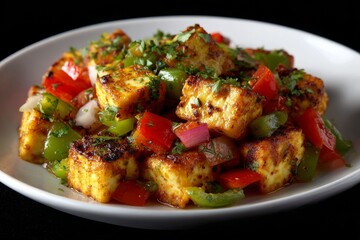 Delicious diced grilled paneer served on a plate against , Generative AI