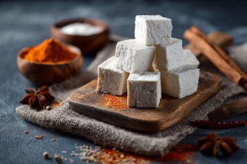 Paneer (panir) on black background , Generative AI