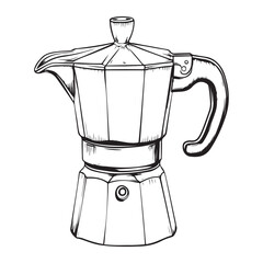 Black and white illustration of a moka pot coffee maker stovetop espresso maker Italian coffee maker 
