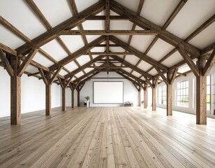 Spacious Loft Interior with Exposed Wooden Beams and Blank Screen.