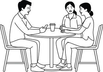 Three people talking, business discussion, casual meeting, coffee shop conversation, teamwork, communication, collaboration, sitting around table, flat vector illustration