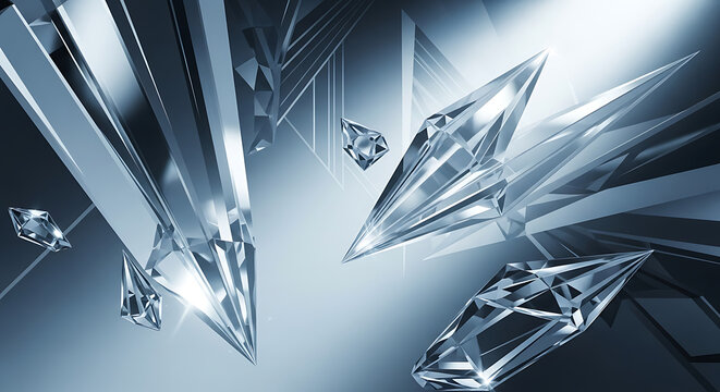 Sharp, reflective crystals and faceted shapes float through a futuristic, abstract metallic environment.