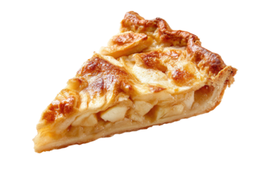 A golden-brown slice of apple pie, showcasing a flaky, buttery crust.  The filling is visible, with chunks of apples within.  A triangular portion is isolated against a dark background