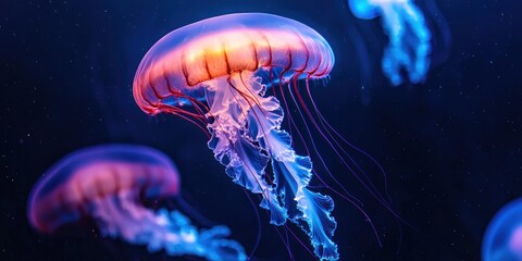 A magical night dive setting where bioluminescent jellyfish pulse with soft, radiant colors