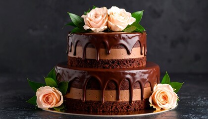 Two-tiered chocolate cake adorned with roses