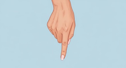 Woman's hand pointing down with index finger on a blue background vector illustration