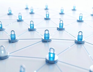 Cybersecurity concept with a decentralized network of interconnected nodes secured by glowing digital padlocks.