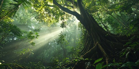 A magical rainforest scene with sunlight filtering through the dense canopy of ancient trees