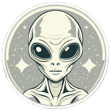 Stylized Alien Face in Round Frame with Stars and Dots