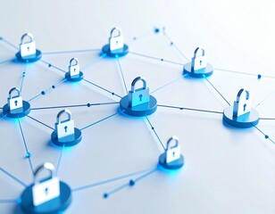 A conceptual 3D rendering of a secure digital network with glowing interconnected padlocks symbolizing cybersecurity and data protection.