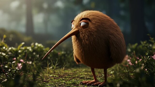 Close-up illustration of a cartoon kiwi bird standing in a lush forest, conveying a calm and peaceful mood with warm brown tones.