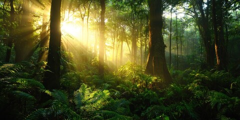 A magical rainforest scene with sunlight filtering through the dense canopy of ancient trees