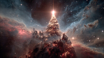 A space-age Christmas tree formed by a glowing helix of stardust and light, rising from a cosmic nebula in deep space.