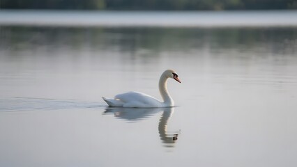 Fototapeta premium A solitary white swan gracefully glides across a calm lake, reflecting in the water.