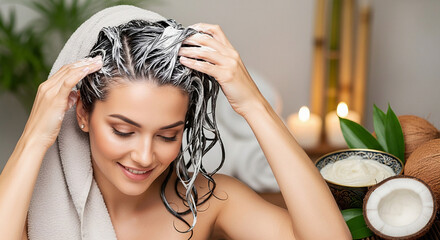 Smiling woman applying hair mask to her wet hair