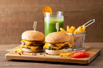Delicious double cheeseburger meal with fries and green juice on wooden table