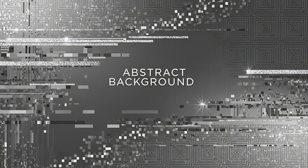 Monochromatic abstract background with a digital glitch effect, pixelated distortion, and sparkling particles.