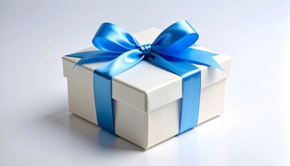 Obraz premium A simple yet elegant white gift box adorned with a vibrant blue satin ribbon and bow, isolated on a light background for any celebration.