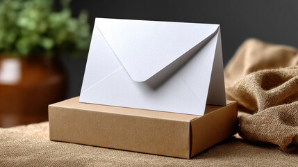 White Envelope on Cardboard Box for Invitation or Greeting Card Mockup