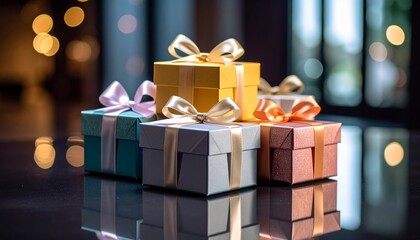 A festive arrangement of colorful wrapped gift boxes with elegant bows, ready for a special celebration or holiday event.