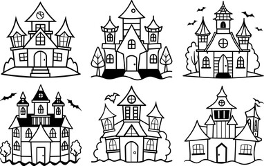 Fototapeta premium Set of haunted house black outline vector and illustration, coloring book page