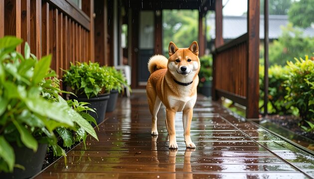 A Shiba Inu stands on a wet porch, rain falling