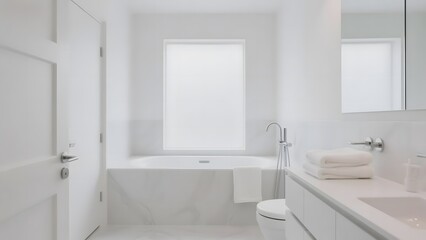 Modern minimalist bathroom with a large bathtub, white fixtures, and natural light from a frosted window.