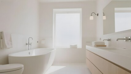 Modern minimalist bathroom with a freestanding bathtub and double vanity