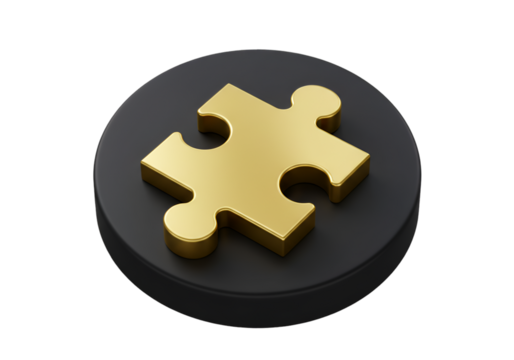 Gold Puzzle Piece On Black Base Isolated Transparent Background 3D Illustration