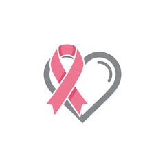 A modern and professional cancer health-themed logo, combining a cancer awareness ribbon with a heart. Using a soft pink and gray color palette.