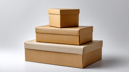 A neat stack of three different sized plain brown kraft paper cardboard boxes with lids, arranged in a pyramid for shipping or storage, isolated on a clean white background.