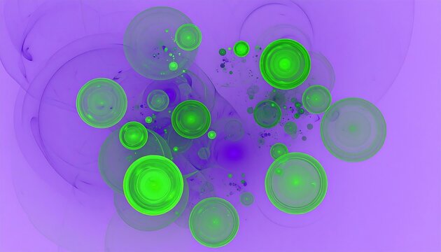 Vibrant abstract composition featuring luminous green circles against a violet backdrop