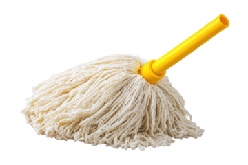 A close-up of a white mop head with a bright yellow handle