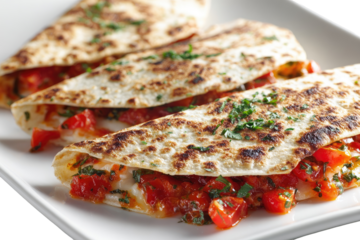Three quesadillas, filled with red peppers and cheese, on a white plate.  Crispy, golden-brown tortillas.  Fresh herbs sprinkled on top
