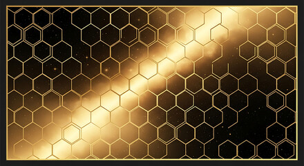 Abstract futuristic background featuring a golden honeycomb grid over a dark, starry nebula with a diagonal light beam.