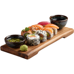 Delicious sushi assortment on wooden board with wasabi and soy sauce