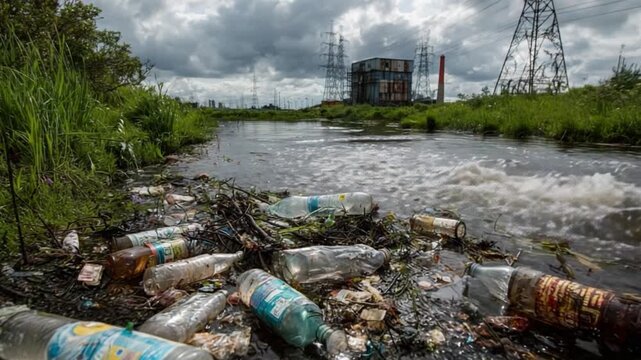 Polluted Shoreline: The scene of a contaminated shoreline paints a stark image of environmental decline, with waste and debris strewn across the water's edge, under a grey sky.
