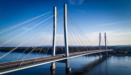 Naklejka premium Aerial view of a modern cable-stayed bridge spanning a river
