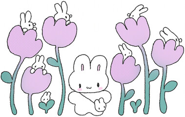 튤립 정원 속 귀여운 토끼 캐릭터 손그림 일러스트