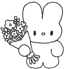 꽃다발을 든 토끼 캐릭터 손그림 선화 일러스트 © titi.drawing