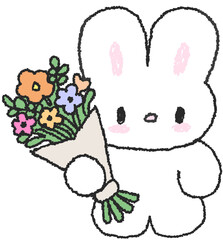 꽃다발을 든 토끼 캐릭터 손그림 일러스트 © titi.drawing