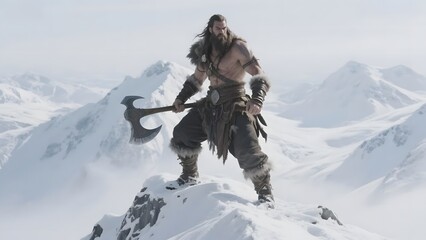 Warrior standing triumphantly on a snowy mountain peak, wielding an axe.