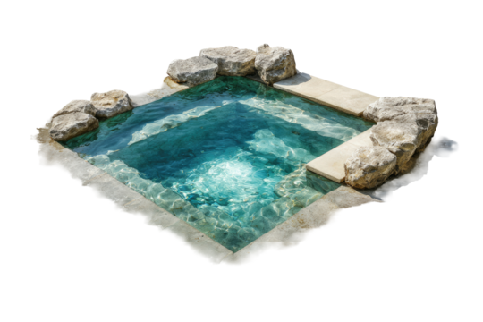Square hot tub nestled in stone.  Surrounded by light gray rocks.  Clear turquoise water