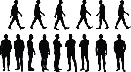 Silhouette of men walking, standing, posing, casual male figures, side and front view, isolated black shapes, white background, human posture collection