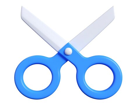 Cartoonish blue scissors with white blades, isolated on white