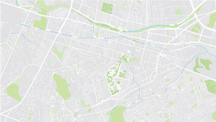 Fototapeta premium Vector aerial view of a city map with parks, rivers, and street grid in a light color palette displaying urban layout