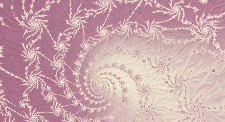 A mesmerizing fractal spiral with intricate, repeating star-like patterns in shades of pink and cream.
