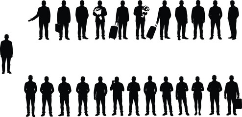 Silhouette of men, business travelers, holding luggage, carrying briefcase, bouquet flowers, standing poses, walking, isolated white background, professional male figures