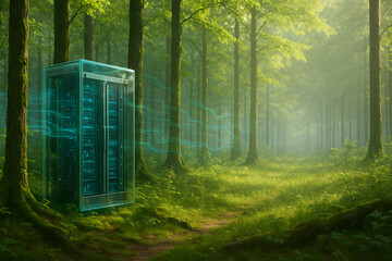 Futuristic Transparent Data Server Integrated into a Lush Forest
