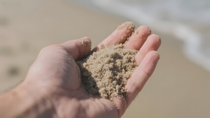 Hands holding sand at the beach with waves in the background